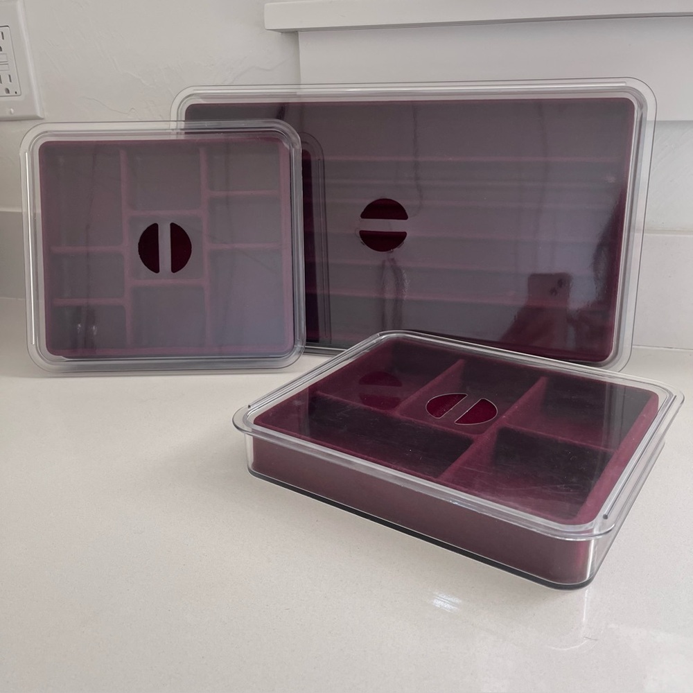 Vintage Set of 3 Velveteen Jewelry Vanity Trays Organizers with Lids